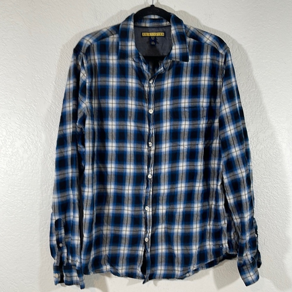 PRINCE & FOX Shirt Men's Button Down Plaid Flannel Blue Long Sleeve Size Large